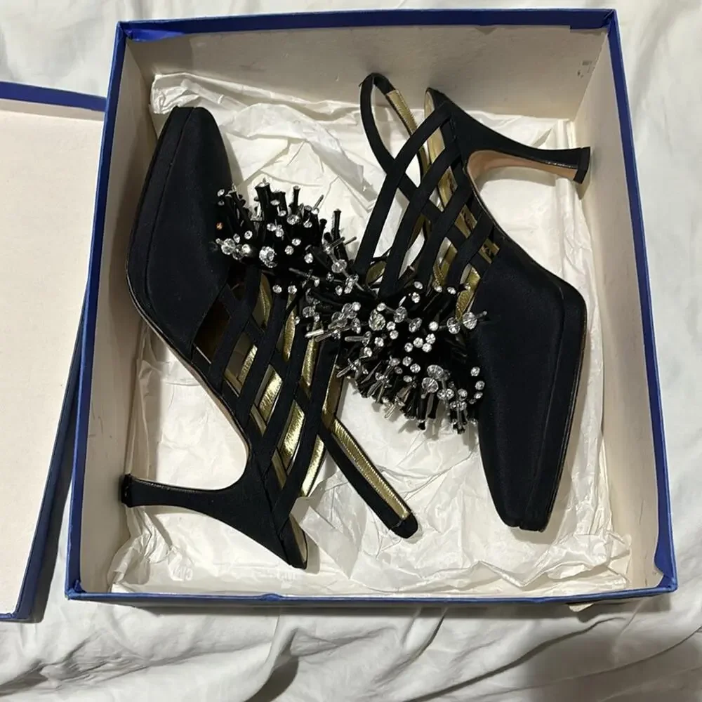 Claudio Merazzi 38.5 black platform rhinestone starburst shoe vintage euc box